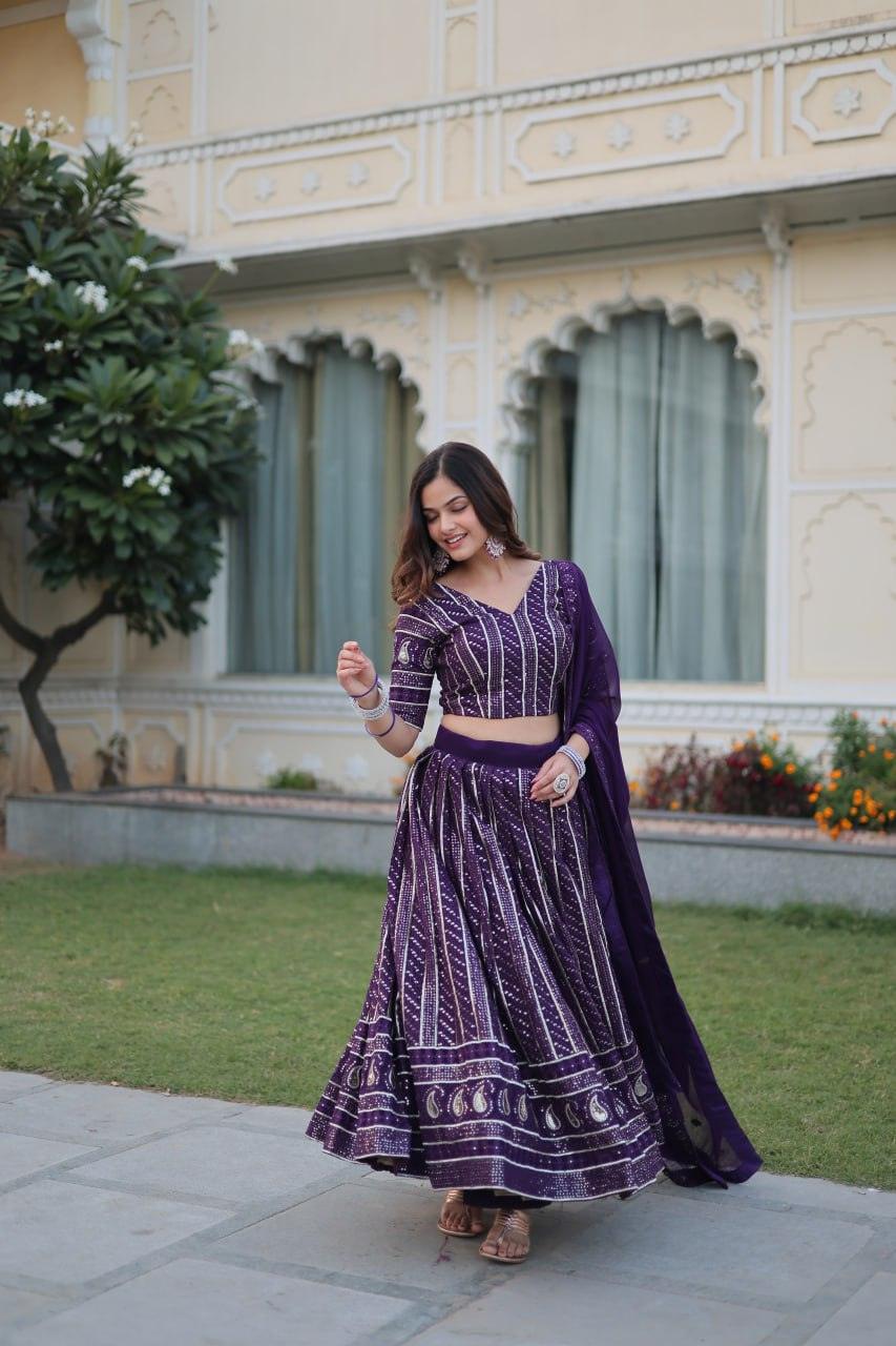 Blissfull Purple Faux Georgette Sequins Zari Worked Lehenga Choli Set