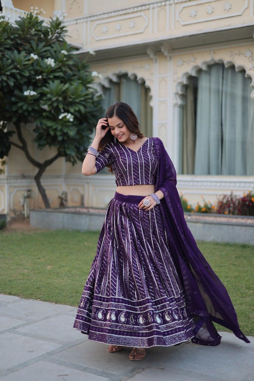 Blissfull Purple Faux Georgette Sequins Zari Worked Lehenga Choli Set