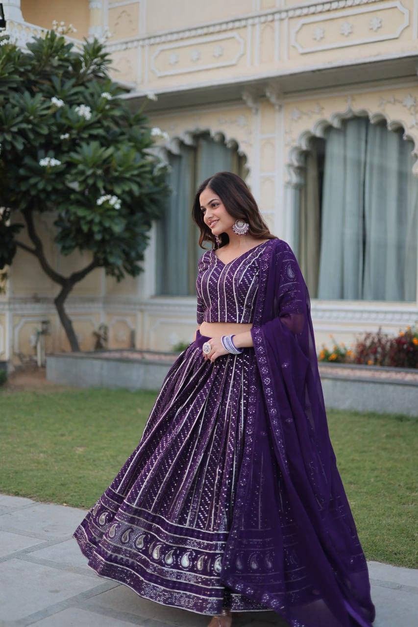 Blissfull Purple Faux Georgette Sequins Zari Worked Lehenga Choli Set