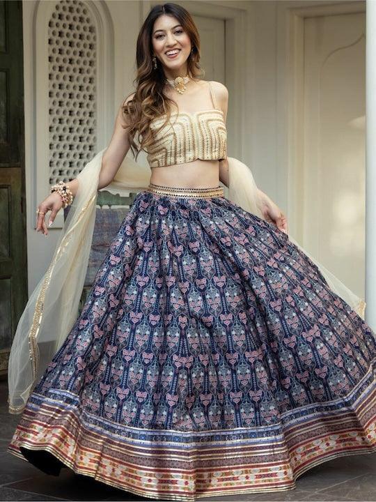 Blue And cream silk printed lehenga choli