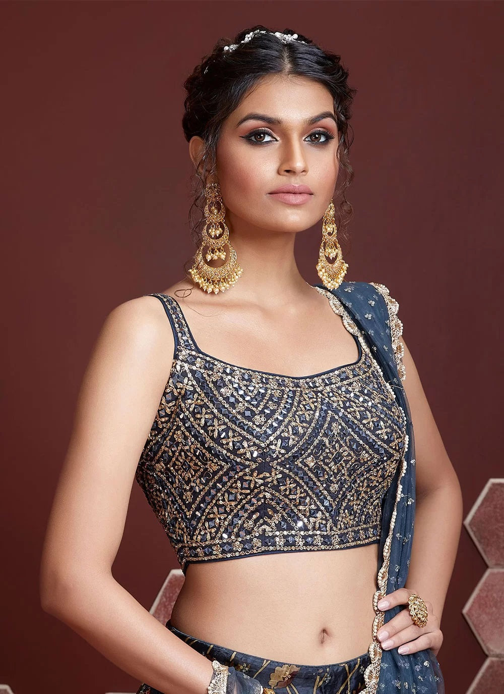 Blue and maroon embroidered lehenga choli set with dupatta