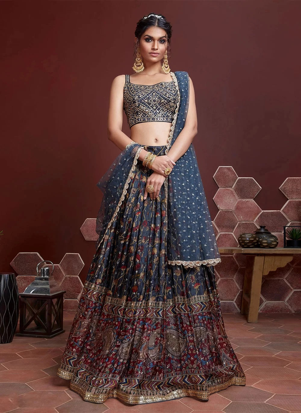 Blue and maroon embroidered lehenga choli set with dupatta