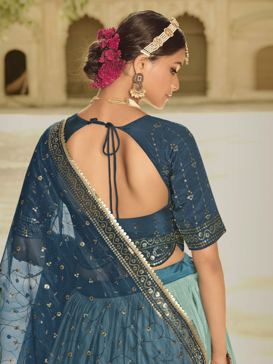 Blue and Teal Silk Embroidered Lehenga Choli