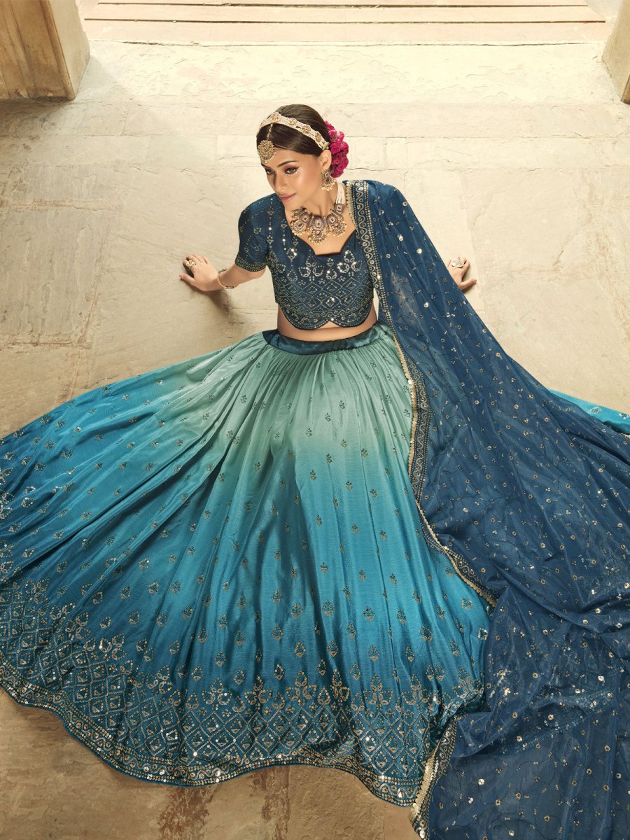 Blue and Teal Silk Embroidered Lehenga Choli