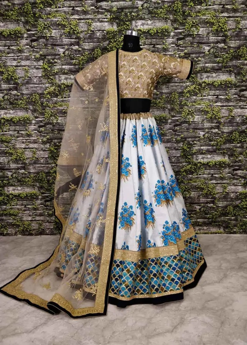 Blue art silk print flared lehenga