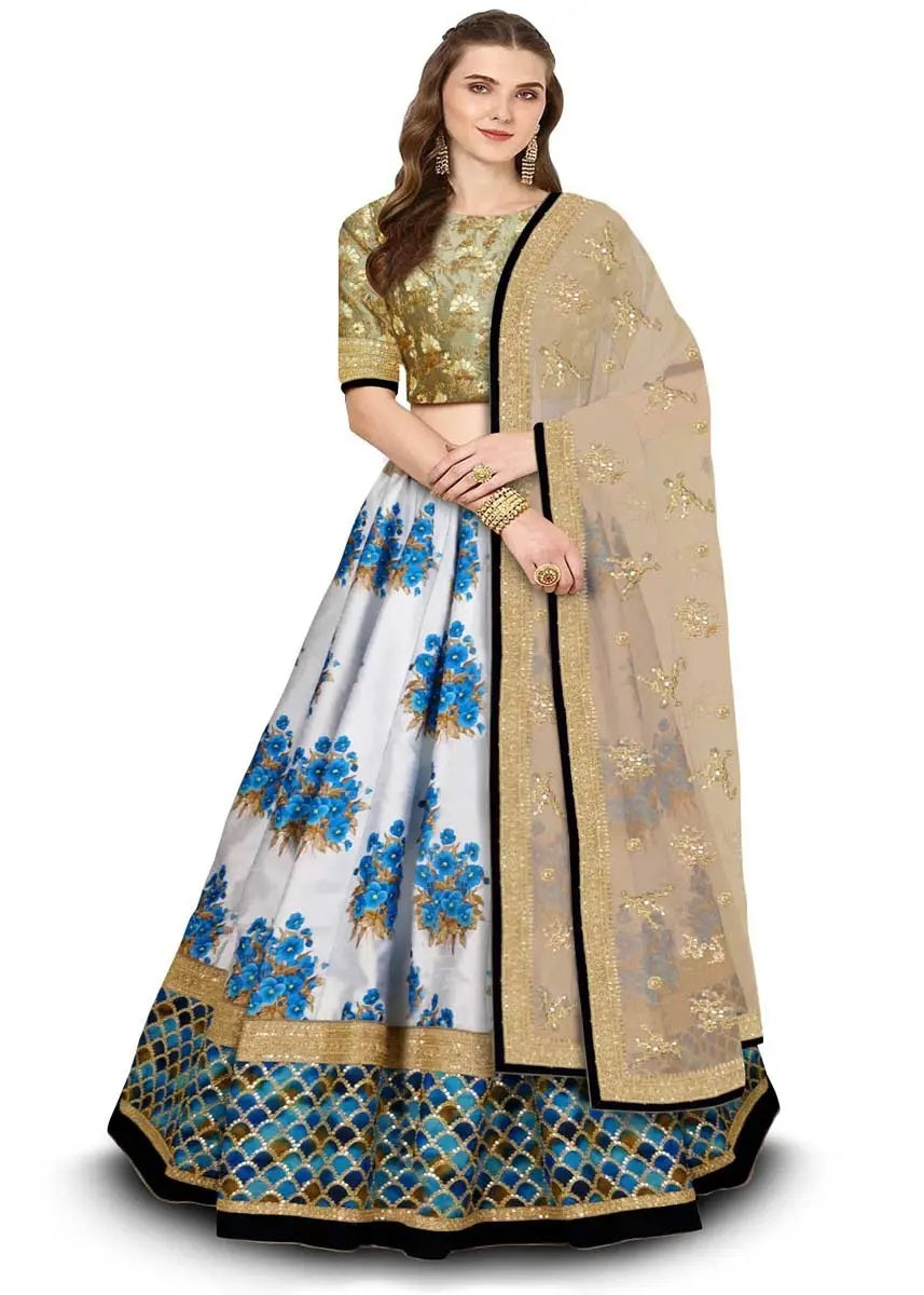 Blue art silk print flared lehenga