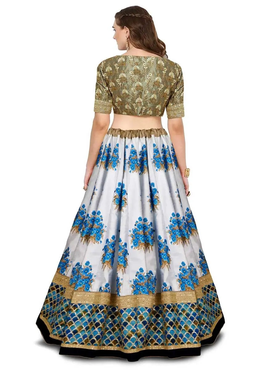 Blue art silk print flared lehenga