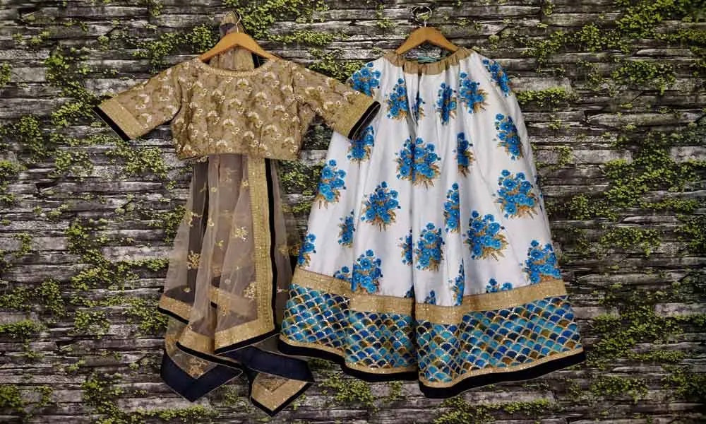 Blue art silk print flared lehenga