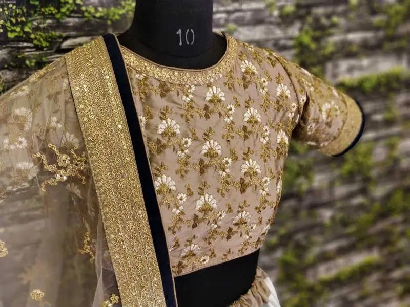 Blue art silk print flared lehenga