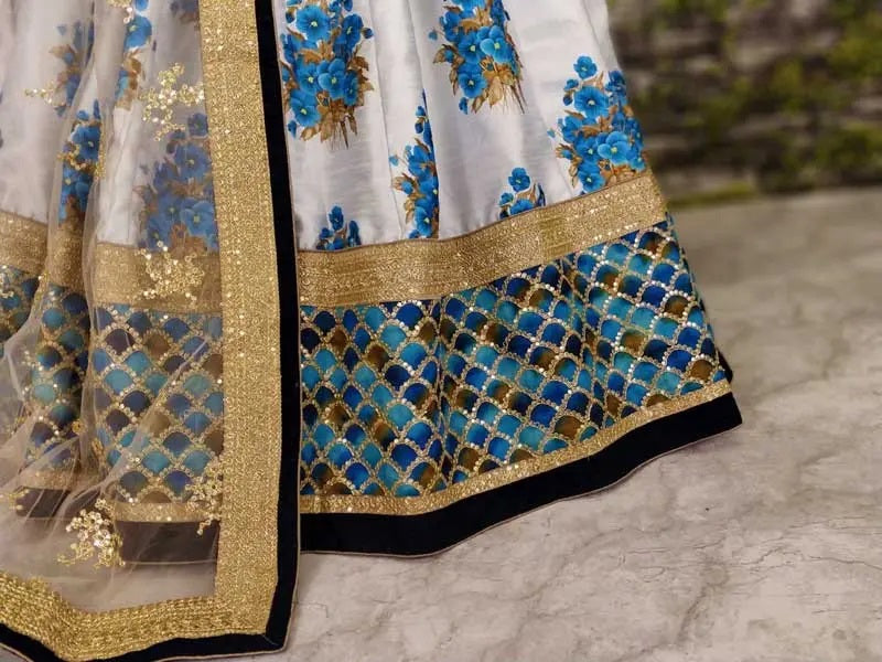 Blue art silk print flared lehenga