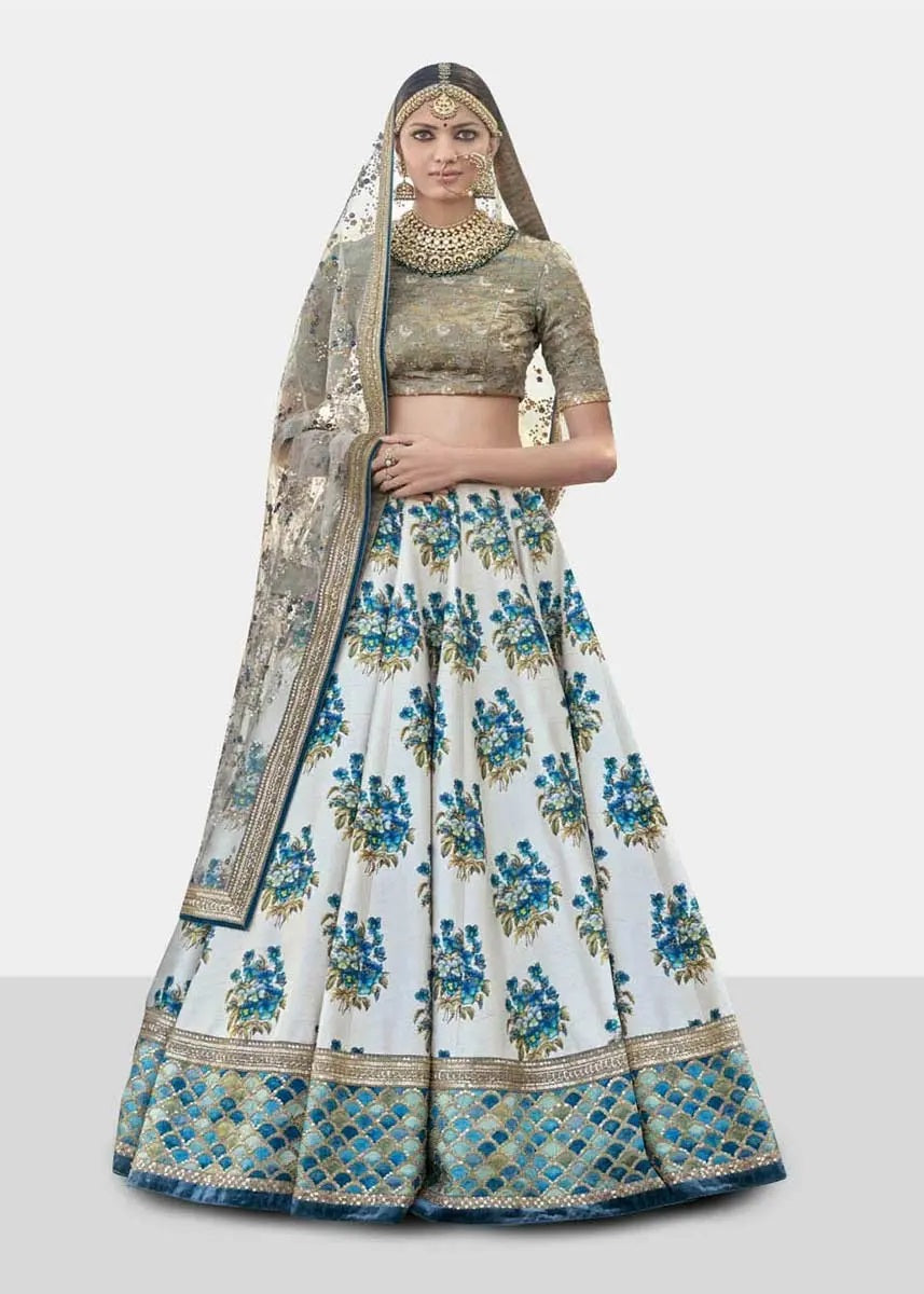Blue art silk print flared lehenga