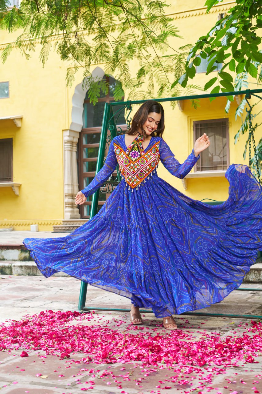 Blue Bandhani Print Faux Georgette Gown with Kutchi Patchwork – Full Sleeves, 9 Meter Flair, Cotton Lining