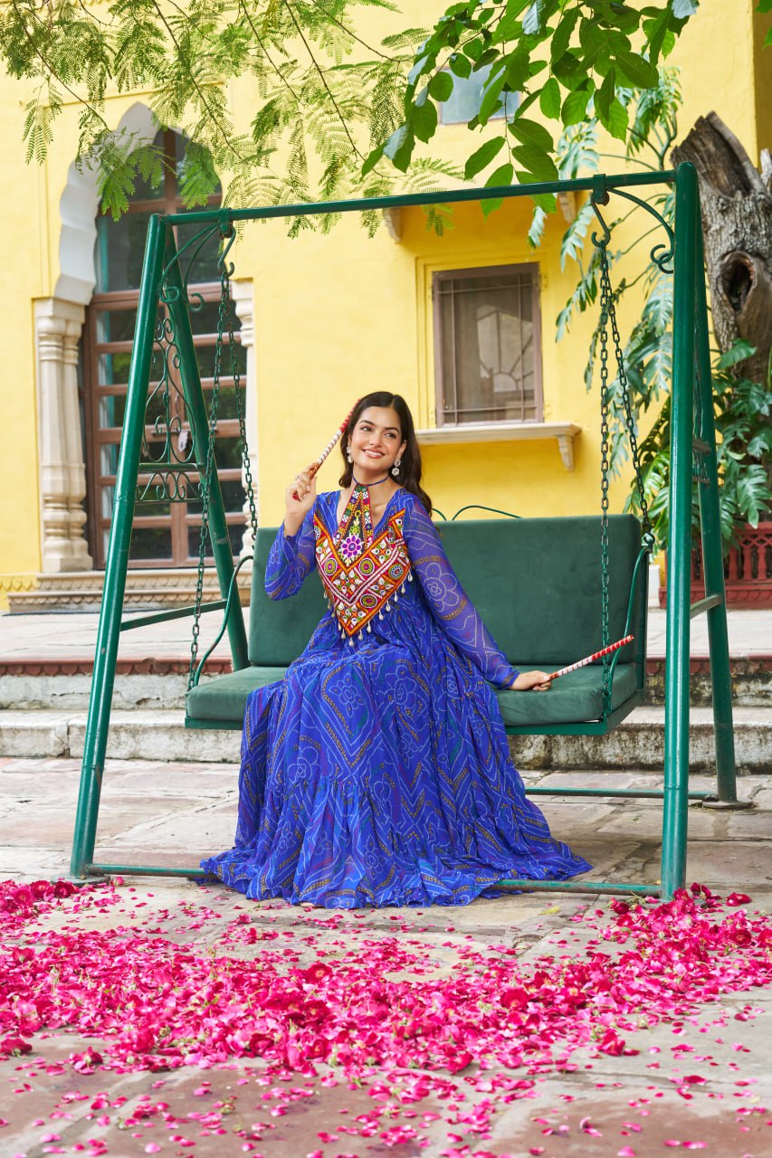 Blue Bandhani Print Faux Georgette Gown with Kutchi Patchwork – Full Sleeves, 9 Meter Flair, Cotton Lining