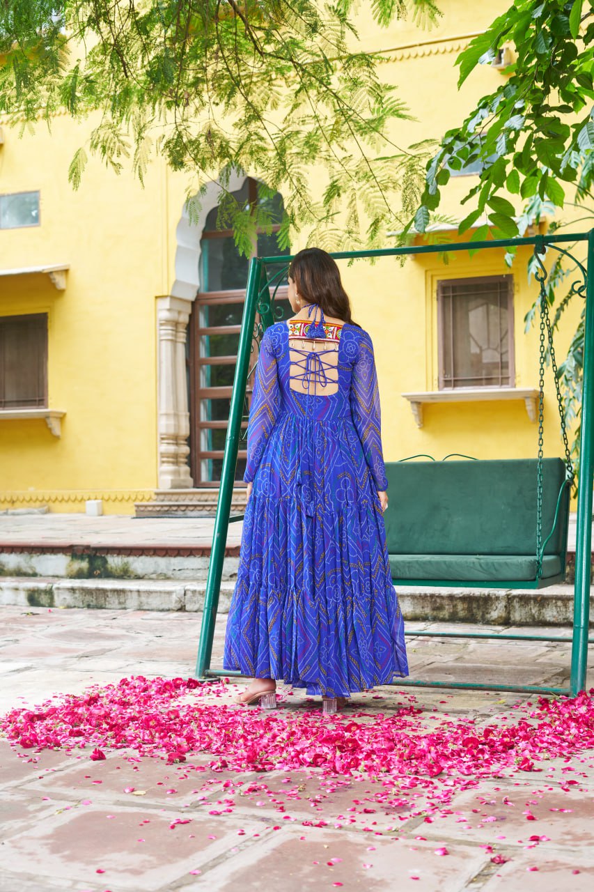 Blue Bandhani Print Faux Georgette Gown with Kutchi Patchwork – Full Sleeves, 9 Meter Flair, Cotton Lining