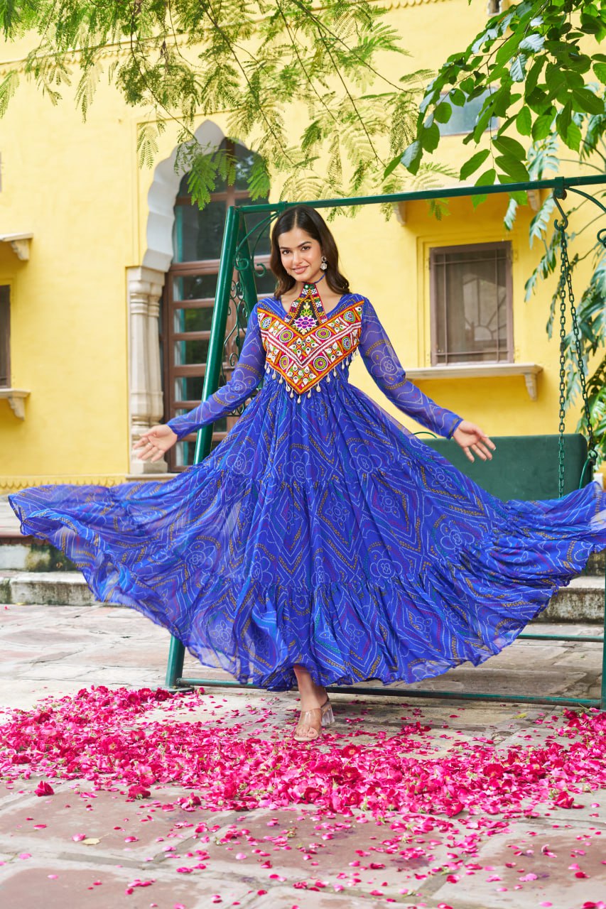 Blue Bandhani Print Faux Georgette Gown with Kutchi Patchwork – Full Sleeves, 9 Meter Flair, Cotton Lining
