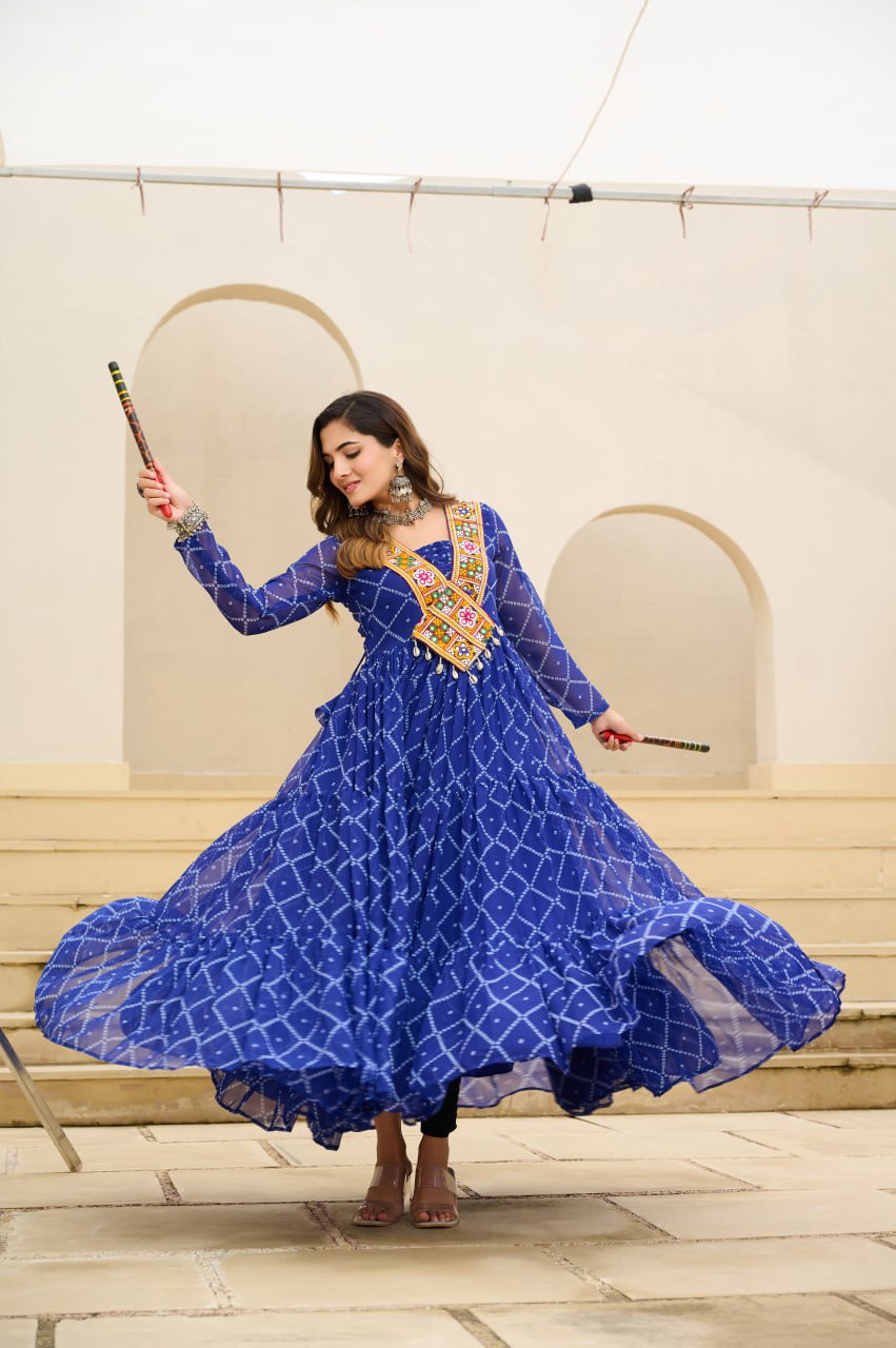 Blue Bandhani Print Faux Georgette Gown with Kutchi Patchwork