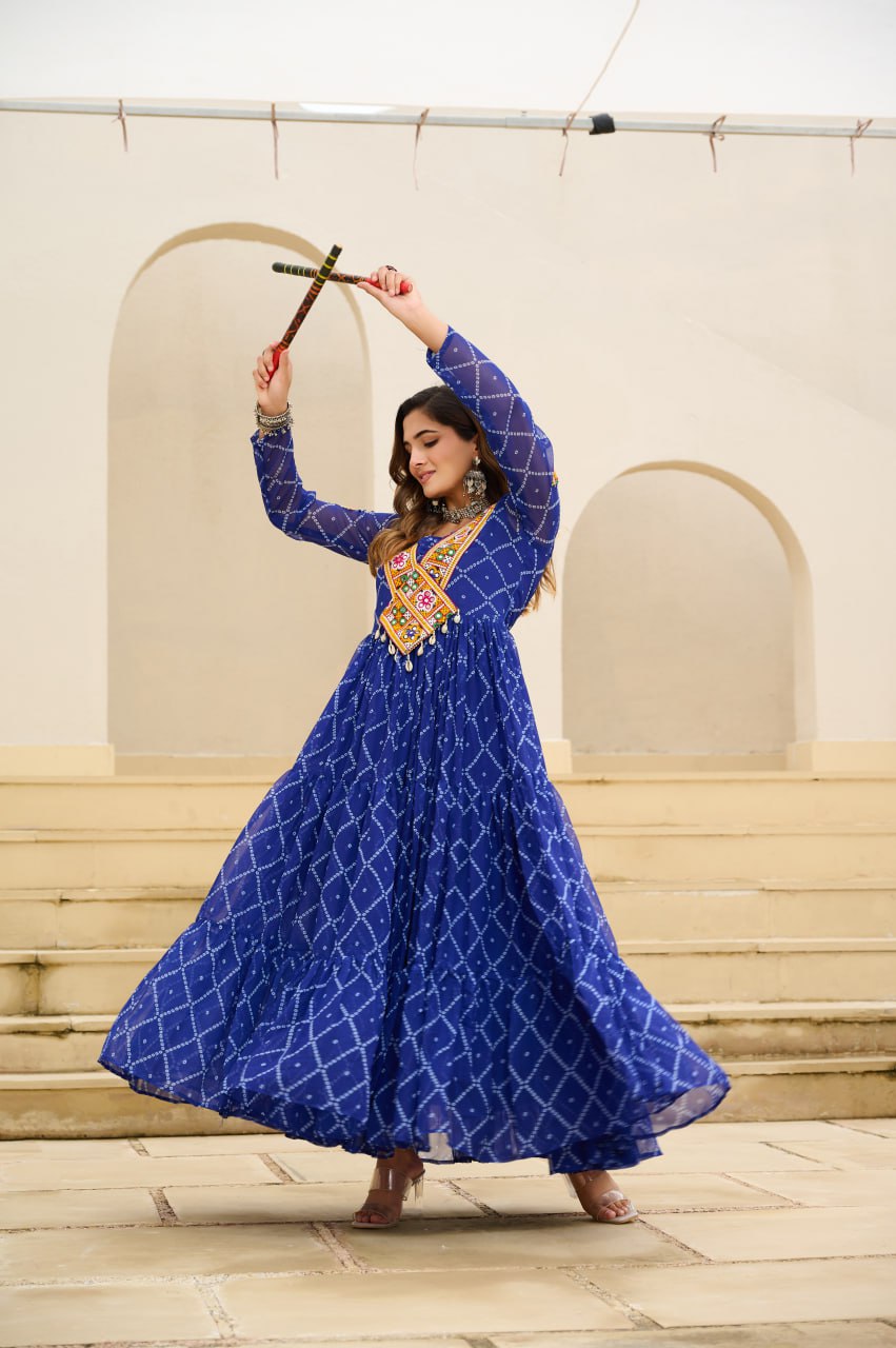 Blue Bandhani Print Faux Georgette Gown with Kutchi Patchwork