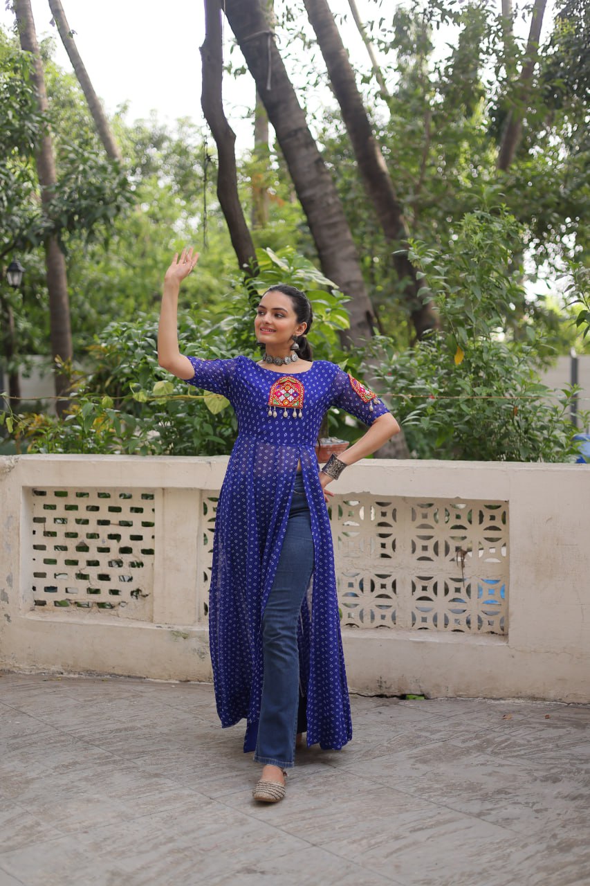 Blue Bandhani Print Kurti with Kutchi Patchwork Detailing
