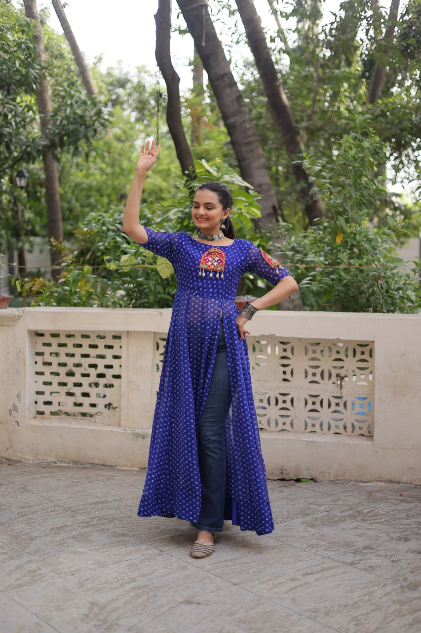 Blue Bandhani Print Kurti with Kutchi Patchwork Detailing