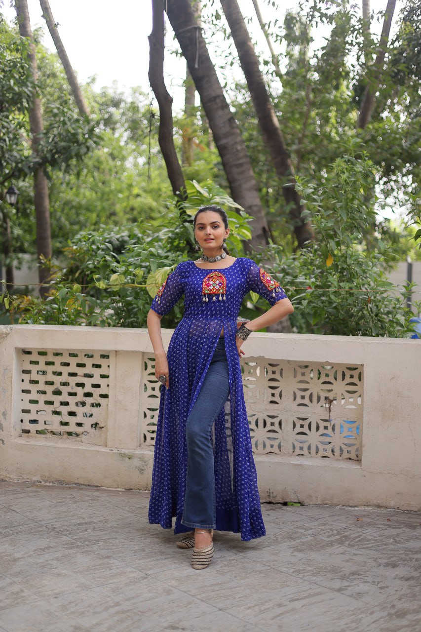 Blue Bandhani Print Kurti with Kutchi Patchwork Detailing