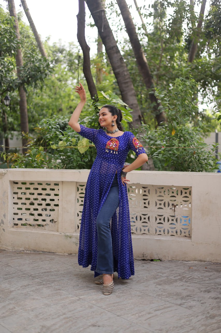 Blue Bandhani Print Kurti with Kutchi Patchwork Detailing