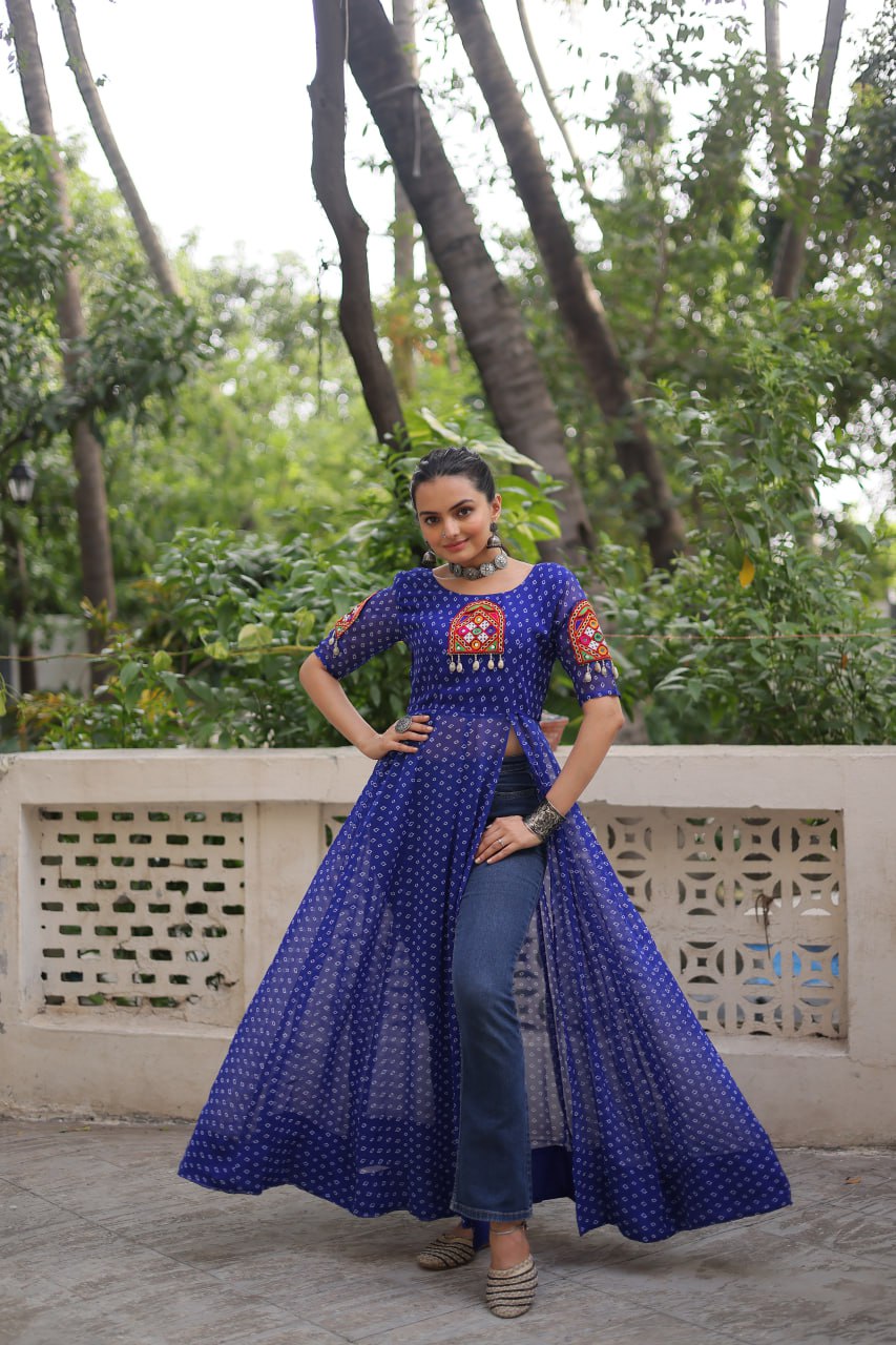 Blue Bandhani Print Kurti with Kutchi Patchwork Detailing
