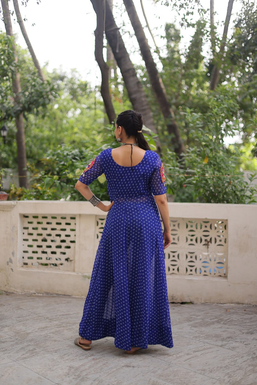 Blue Bandhani Print Kurti with Kutchi Patchwork Detailing