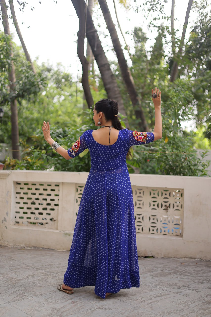 Blue Bandhani Print Kurti with Kutchi Patchwork Detailing