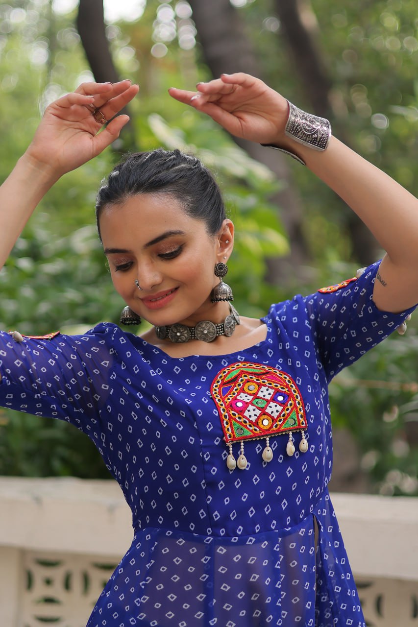 Blue Bandhani Print Kurti with Kutchi Patchwork Detailing