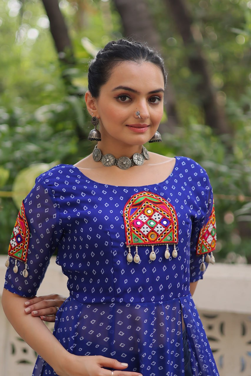Blue Bandhani Print Kurti with Kutchi Patchwork Detailing