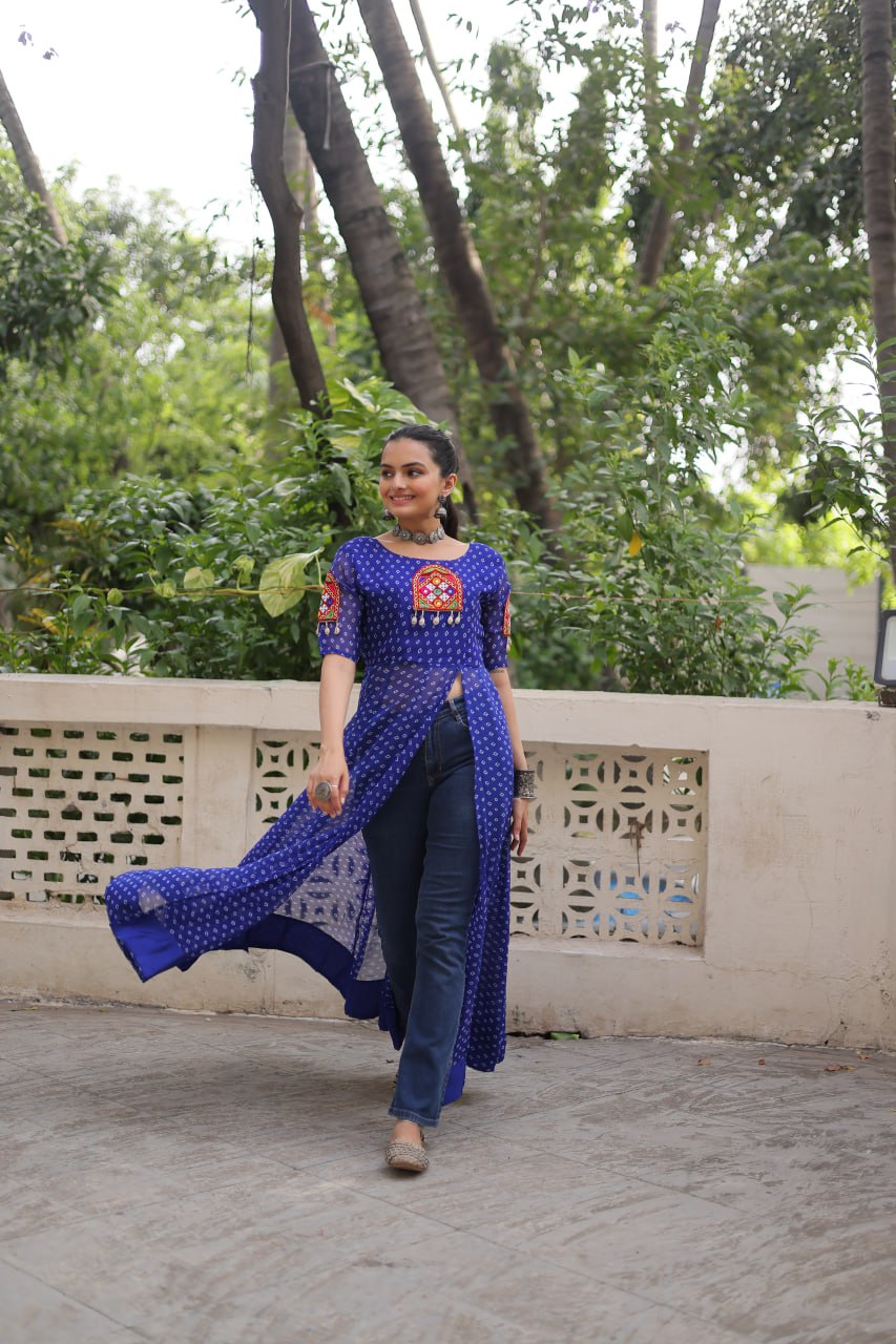Blue Bandhani Print Kurti with Kutchi Patchwork Detailing