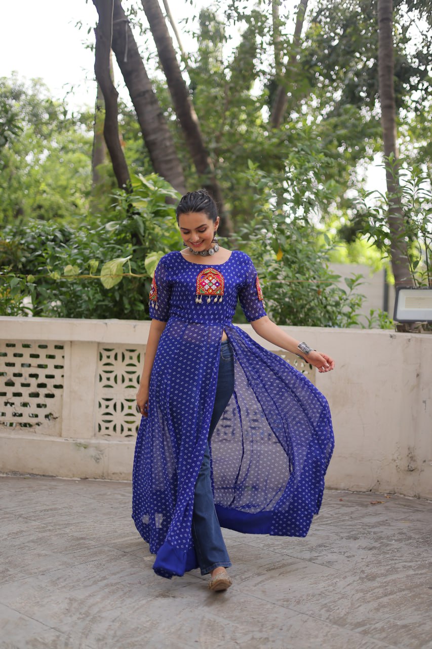 Blue Bandhani Print Kurti with Kutchi Patchwork Detailing