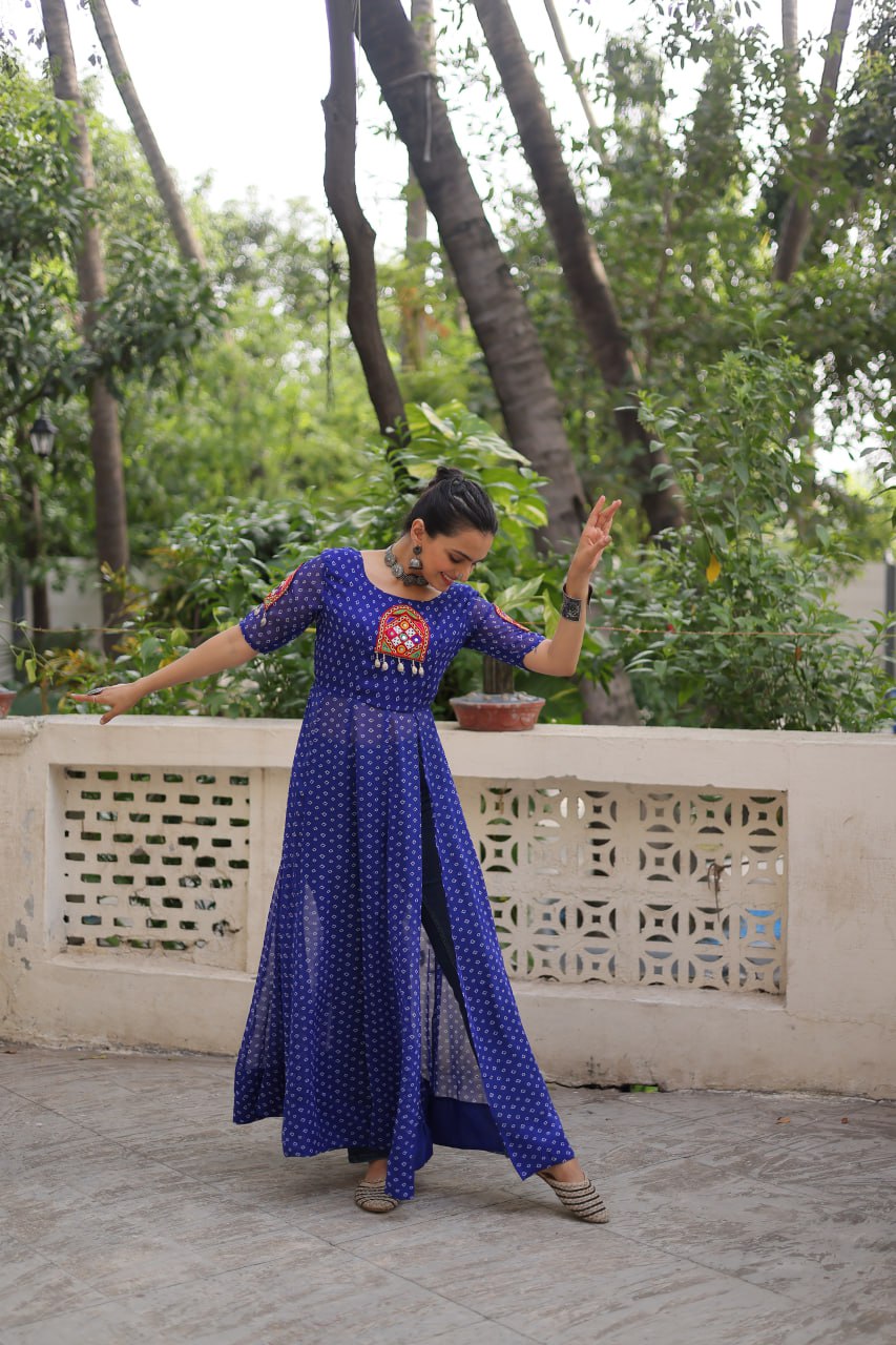 Blue Bandhani Print Kurti with Kutchi Patchwork Detailing
