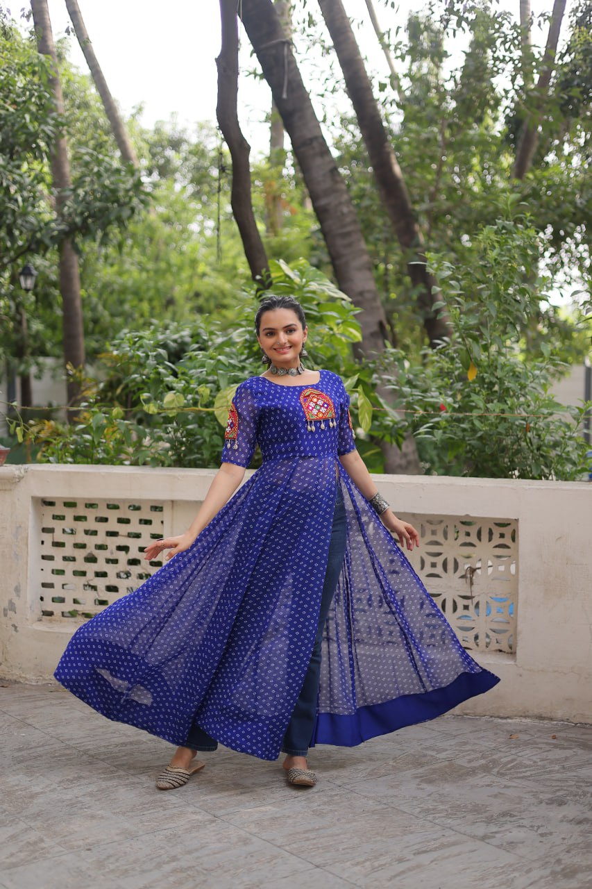 Blue Bandhani Print Kurti with Kutchi Patchwork Detailing