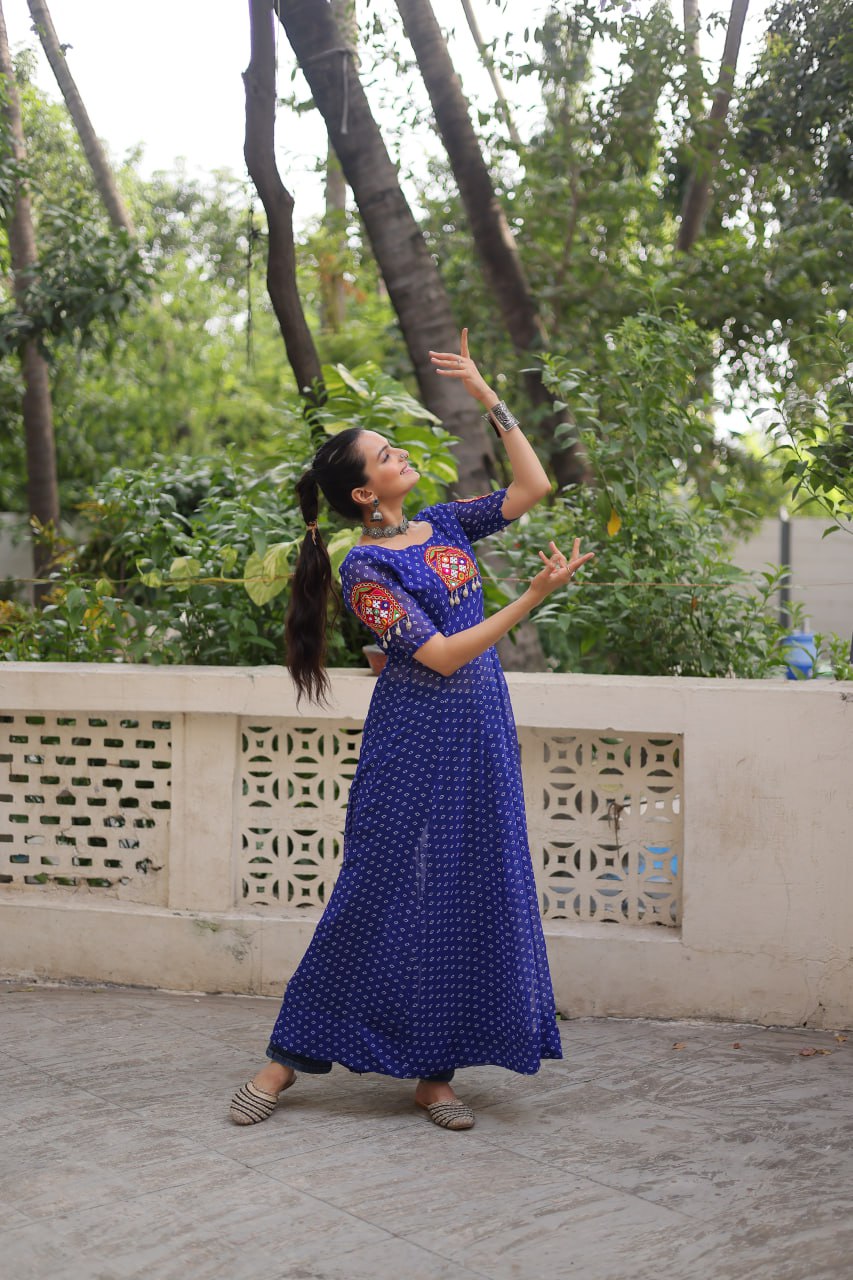 Blue Bandhani Print Kurti with Kutchi Patchwork Detailing