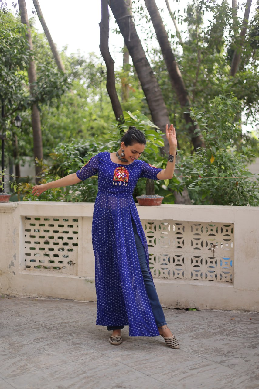 Blue Bandhani Print Kurti with Kutchi Patchwork Detailing