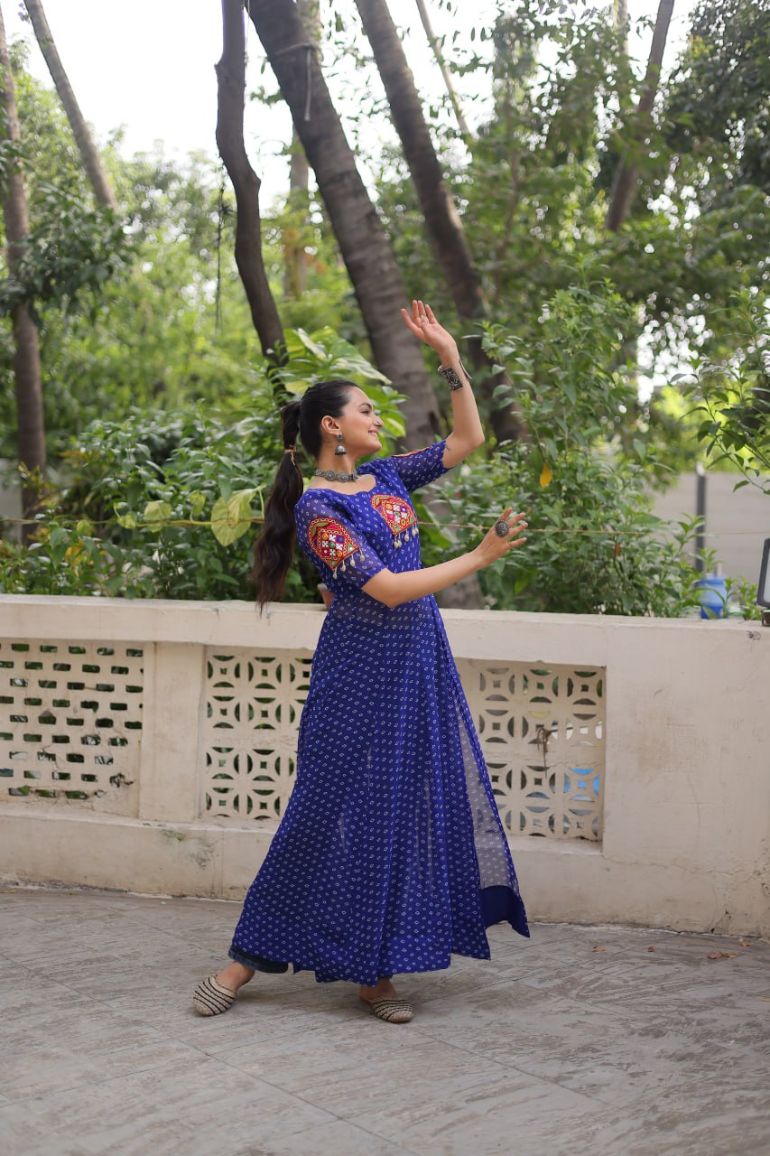 Blue Bandhani Print Kurti with Kutchi Patchwork Detailing