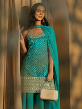 Libas Blue Bandhani Printed Silk Blend Straight Suit Set With Dupatta
