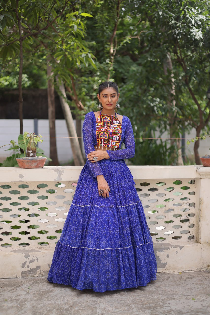 Blue Bandhej Print Faux Georgette Lehenga Choli Set with Gotta Patti & Gamthi Embroidery – Stitched