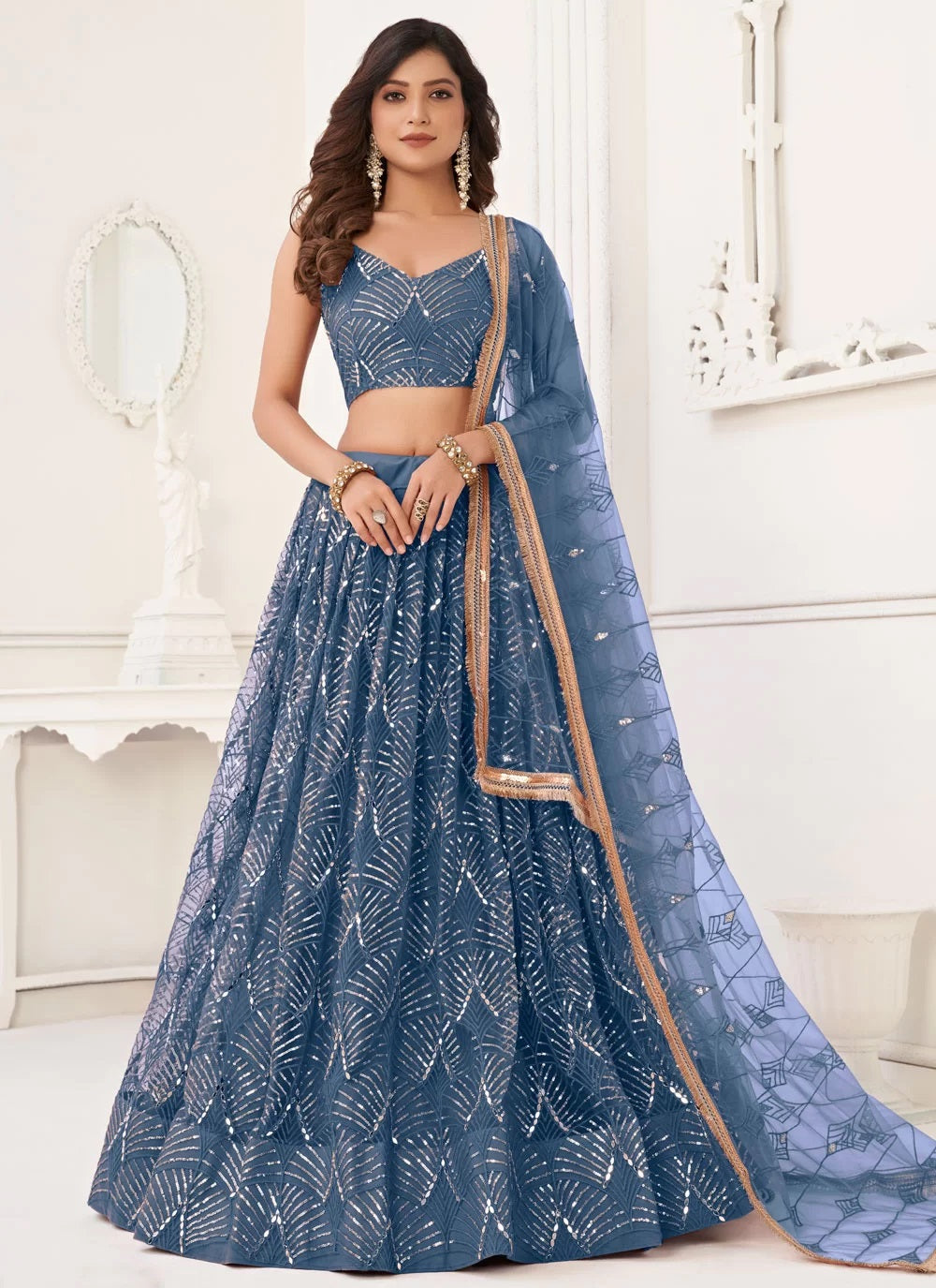 Blue butterfly net sequins work party lehenga