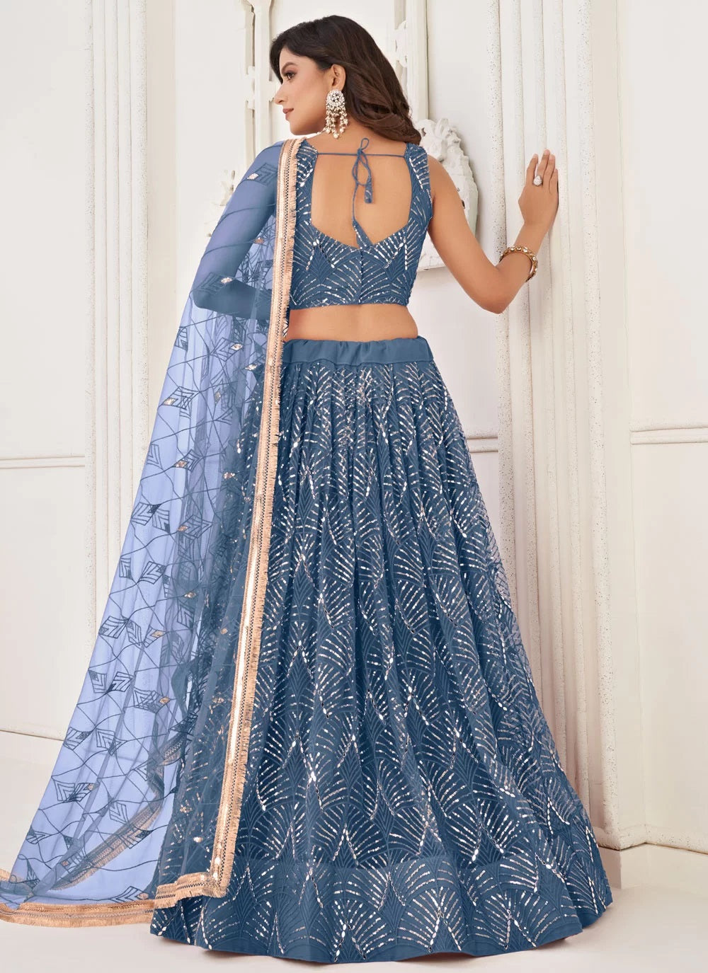 Blue butterfly net sequins work party lehenga
