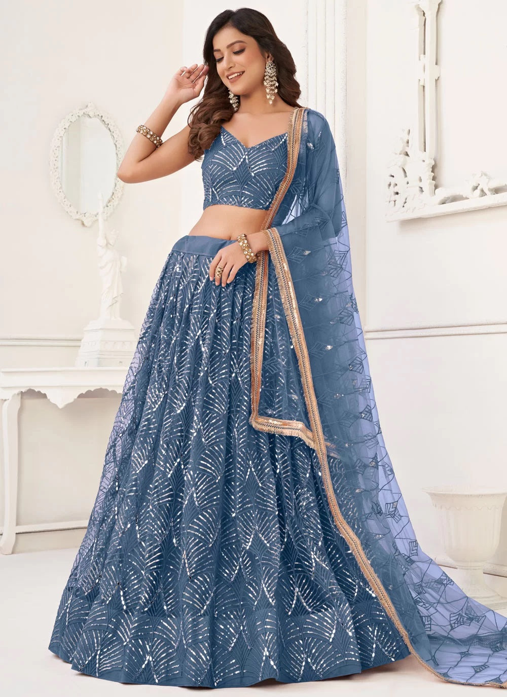 Blue butterfly net sequins work party lehenga