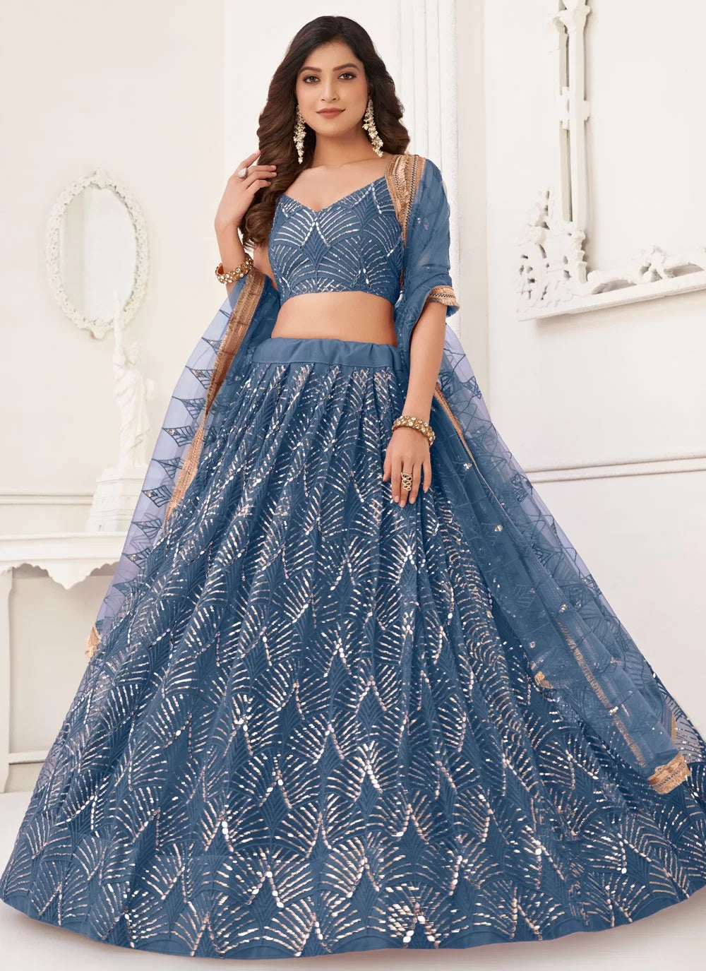 Blue butterfly net sequins work party lehenga