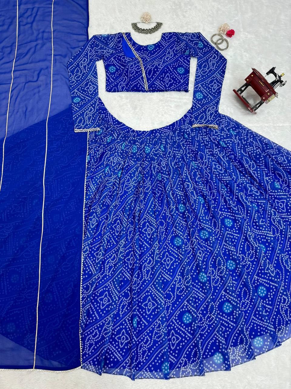 Blue Chic Faux Georgette Semi-Stitched Lehenga Set with Digital Print & Lace Border Dupatta