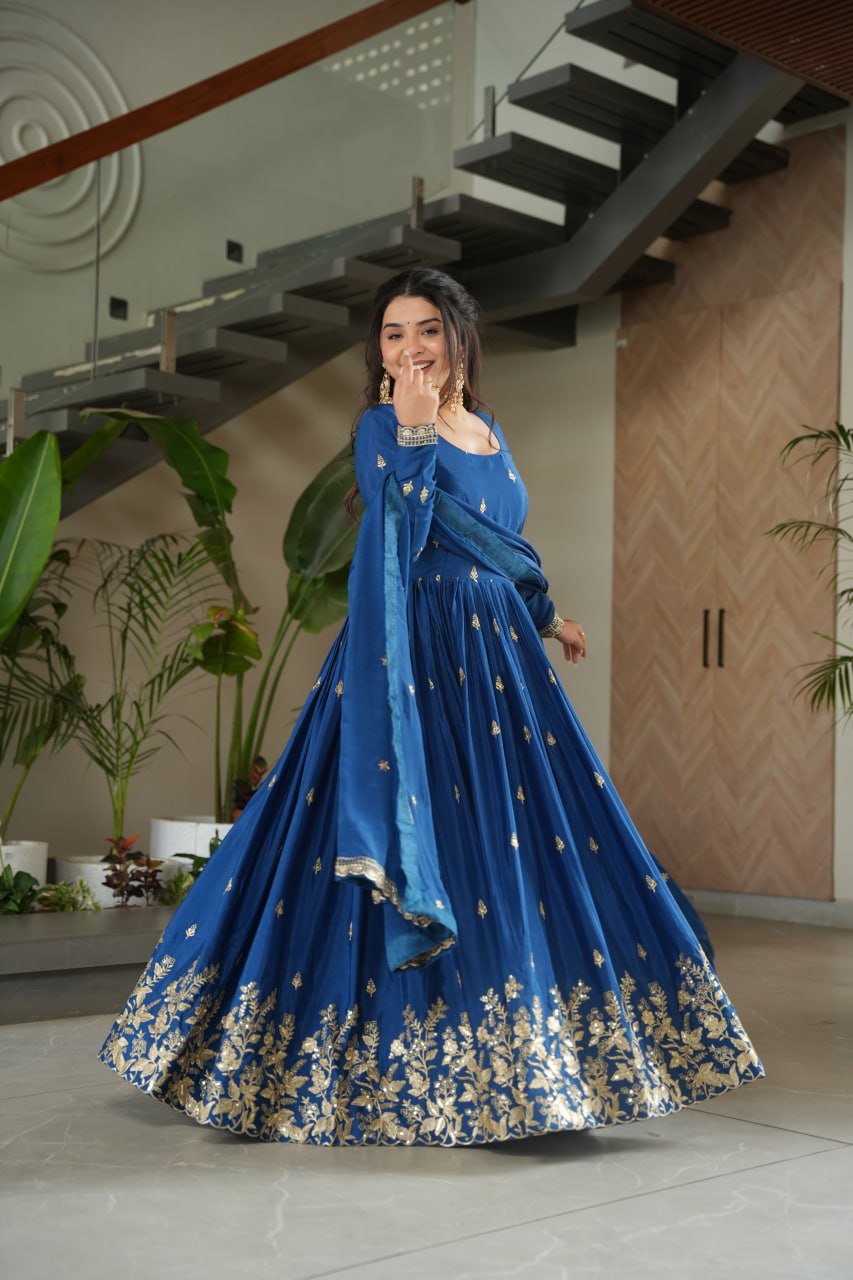 Blue Chinnon Embroidered Zari & Sequins Work Gown with Designer Dupatta – Festive & Party Wear