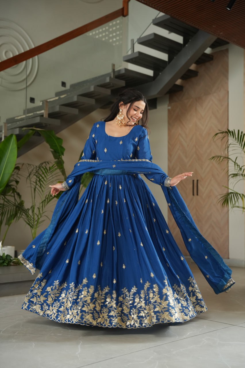 Blue Chinnon Embroidered Zari & Sequins Work Gown with Designer Dupatta – Festive & Party Wear