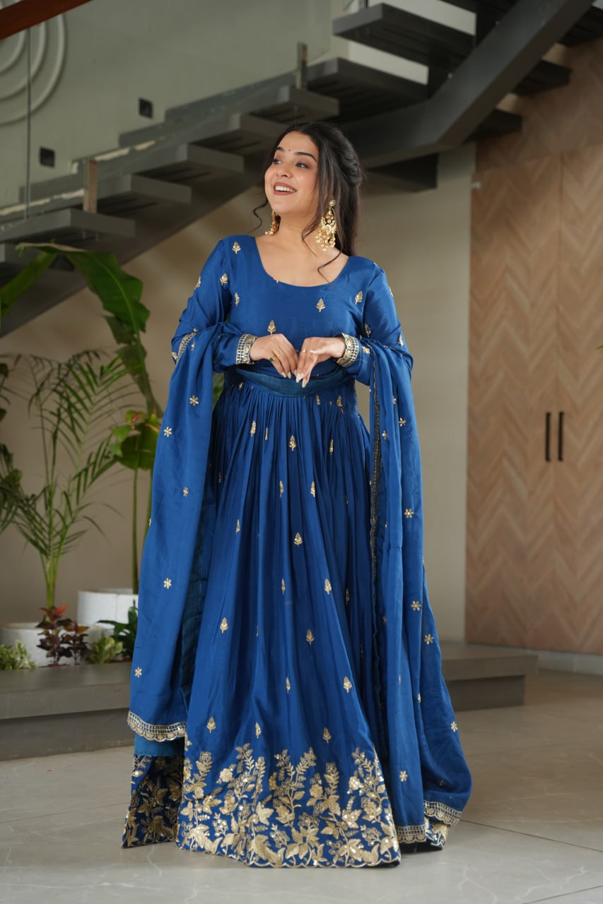 Blue Chinnon Embroidered Zari & Sequins Work Gown with Designer Dupatta – Festive & Party Wear