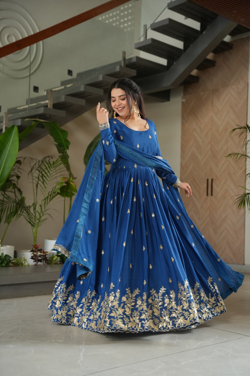 Blue Chinnon Embroidered Zari & Sequins Work Gown with Designer Dupatta – Festive & Party Wear