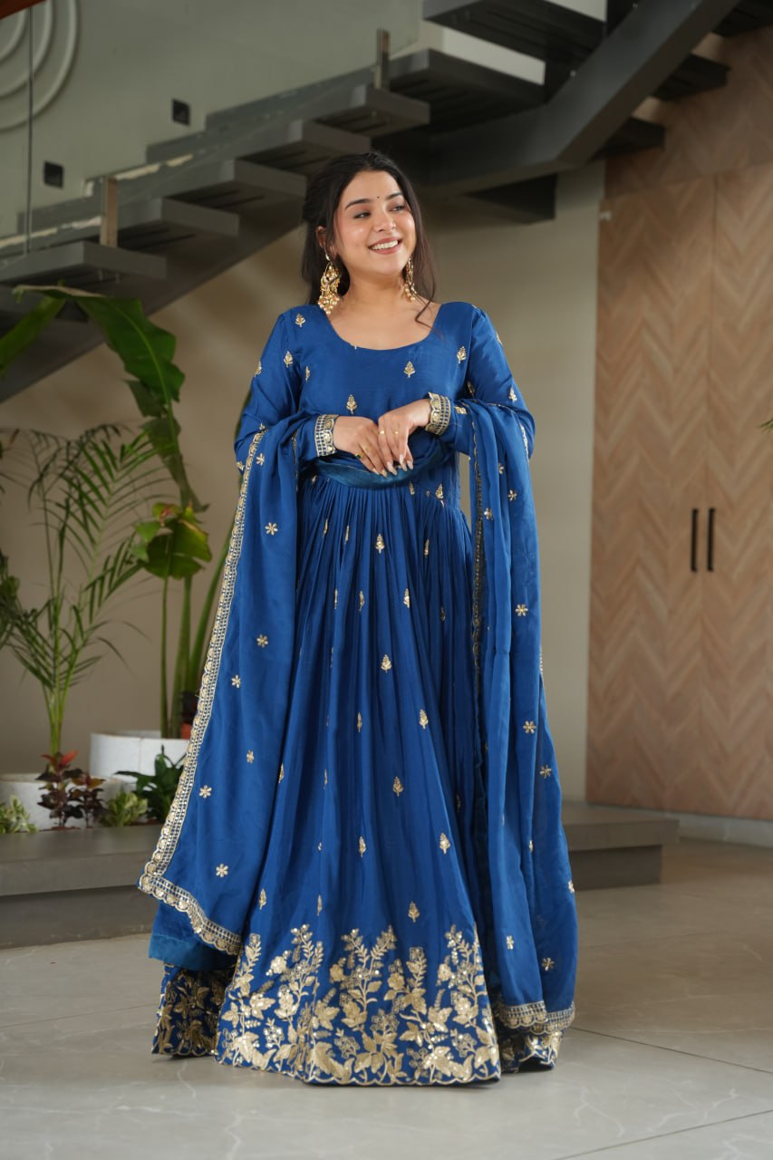Blue Chinnon Embroidered Zari & Sequins Work Gown with Designer Dupatta – Festive & Party Wear