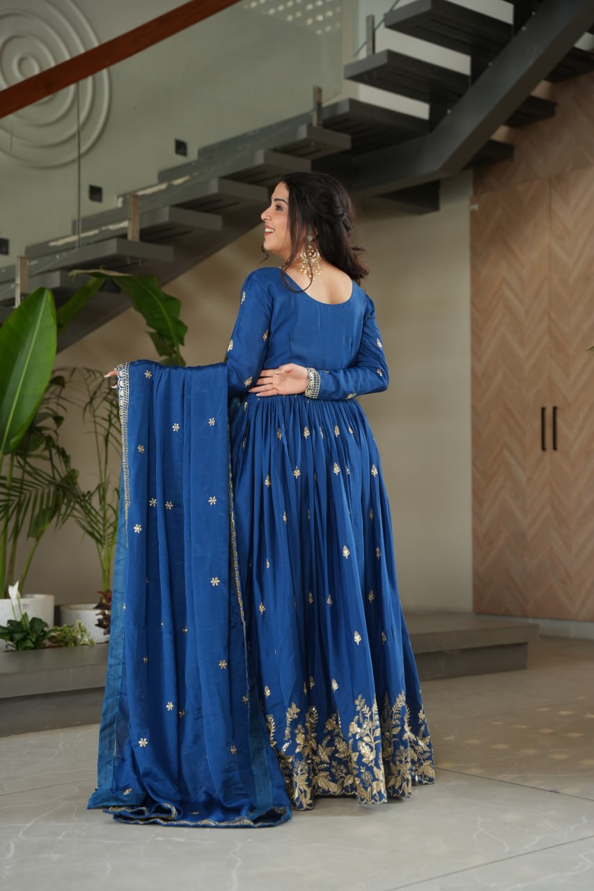 Blue Chinnon Embroidered Zari & Sequins Work Gown with Designer Dupatta – Festive & Party Wear
